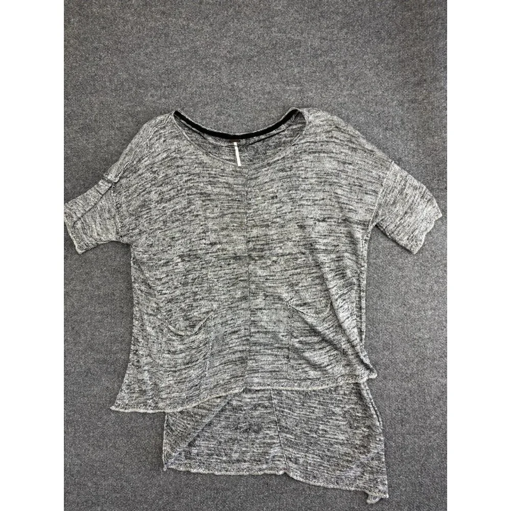 Free People Sweater Womens Small Gray Linen Blend Boxy High Low‎ Pocket Pullover